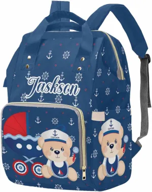 M YESCUSTOM Diaper Bags for Mom Women Wife Custom Name Multi-Function Baby Bag Personalized Blue Sailor Bear Shoulder Backpack