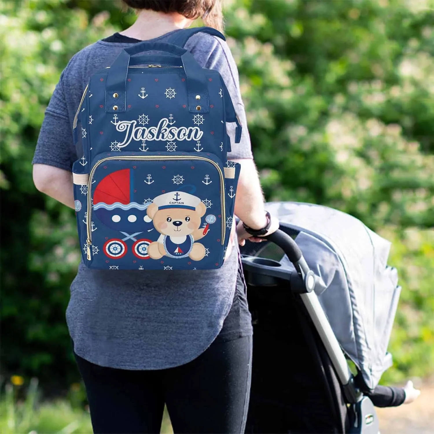 M YESCUSTOM Diaper Bags for Mom Women Wife Custom Name Multi-Function Baby Bag Personalized Blue Sailor Bear Shoulder Backpack