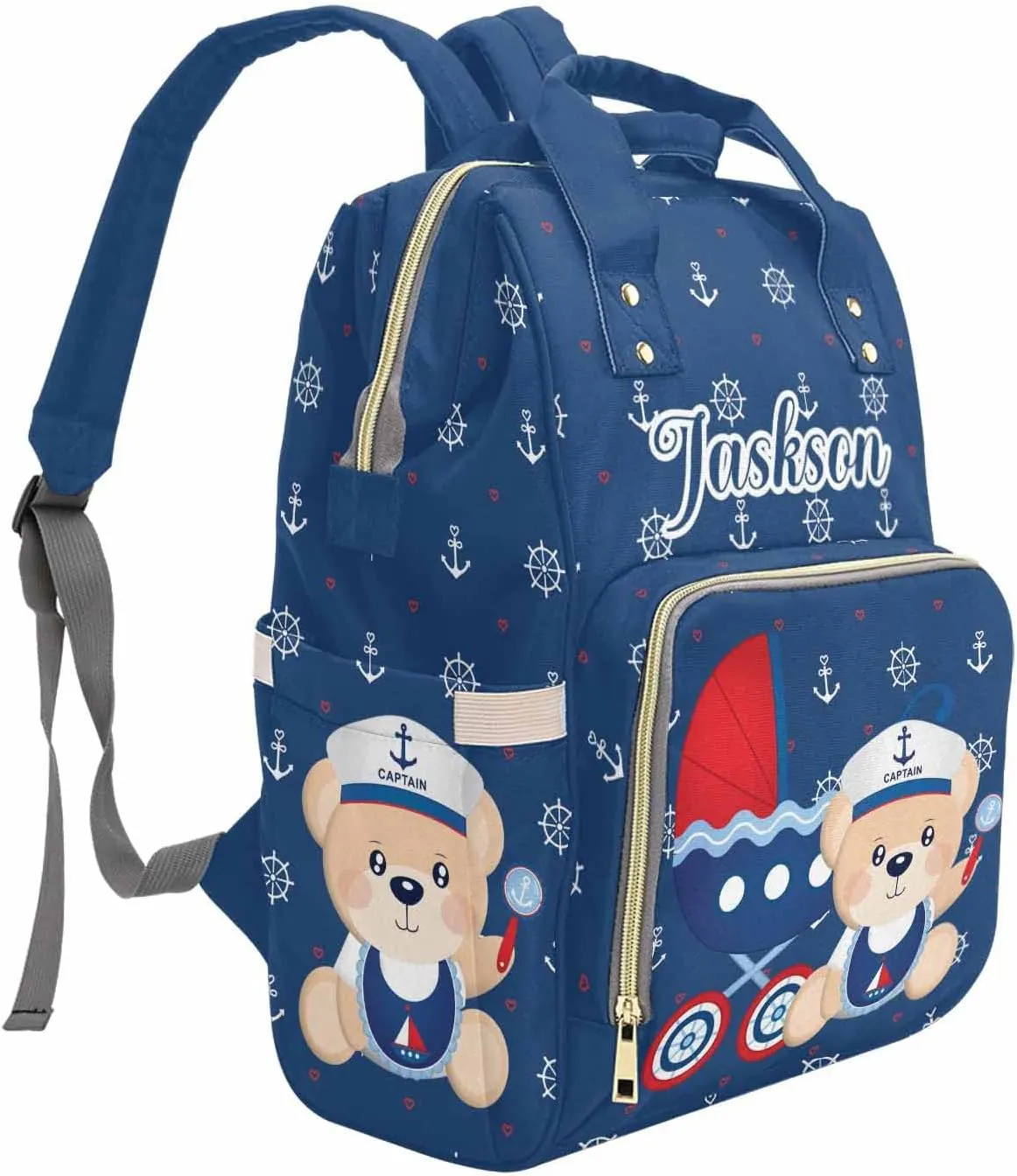 M YESCUSTOM Diaper Bags for Mom Women Wife Custom Name Multi-Function Baby Bag Personalized Blue Sailor Bear Shoulder Backpack