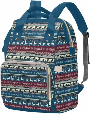M YESCUSTOM Funny Custom Name Bag, Customized Double Color Stripes with Deer & Bear Multifunction Mommy Diaper Bag, Large Capacity Organizer Backpack for Travel, Christmas Style Nappy Bags