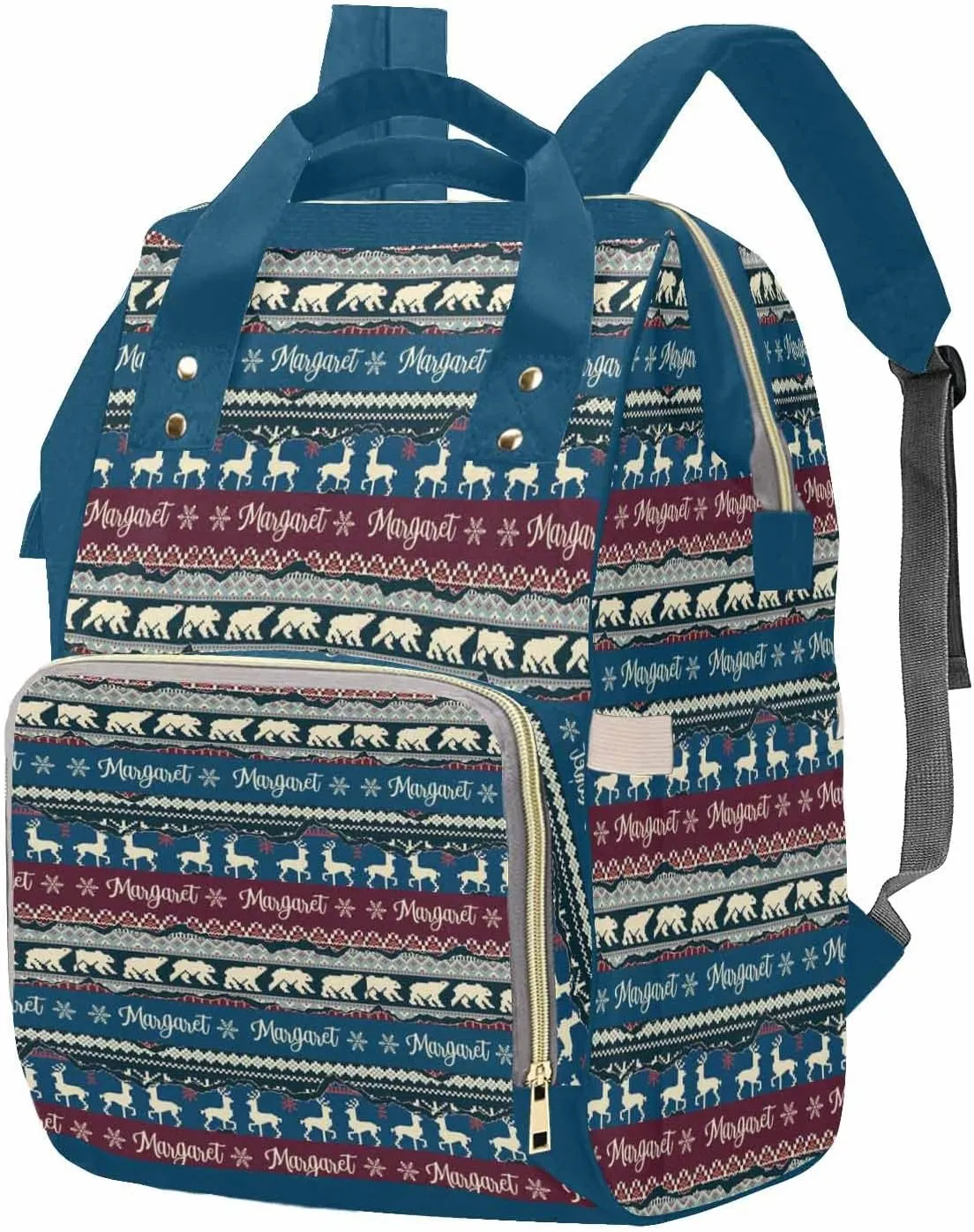 M YESCUSTOM Funny Custom Name Bag, Customized Double Color Stripes with Deer & Bear Multifunction Mommy Diaper Bag, Large Capacity Organizer Backpack for Travel, Christmas Style Nappy Bags