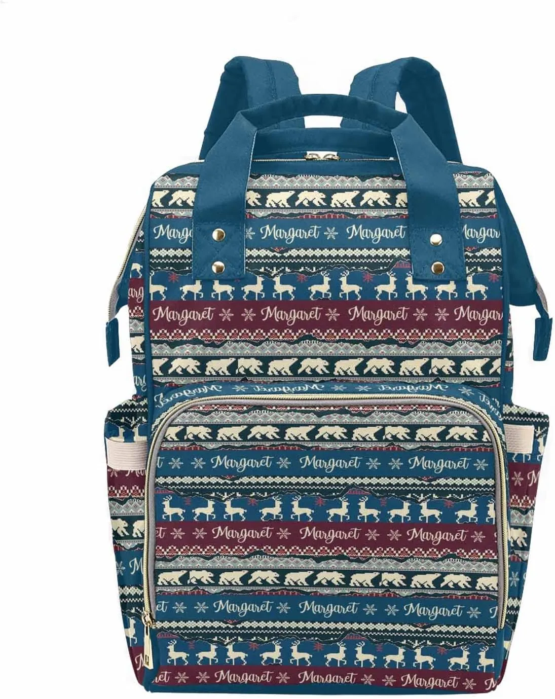 M YESCUSTOM Funny Custom Name Bag, Customized Double Color Stripes with Deer & Bear Multifunction Mommy Diaper Bag, Large Capacity Organizer Backpack for Travel, Christmas Style Nappy Bags