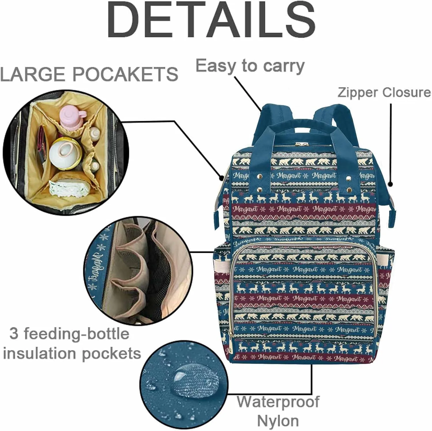 M YESCUSTOM Funny Custom Name Bag, Customized Double Color Stripes with Deer & Bear Multifunction Mommy Diaper Bag, Large Capacity Organizer Backpack for Travel, Christmas Style Nappy Bags