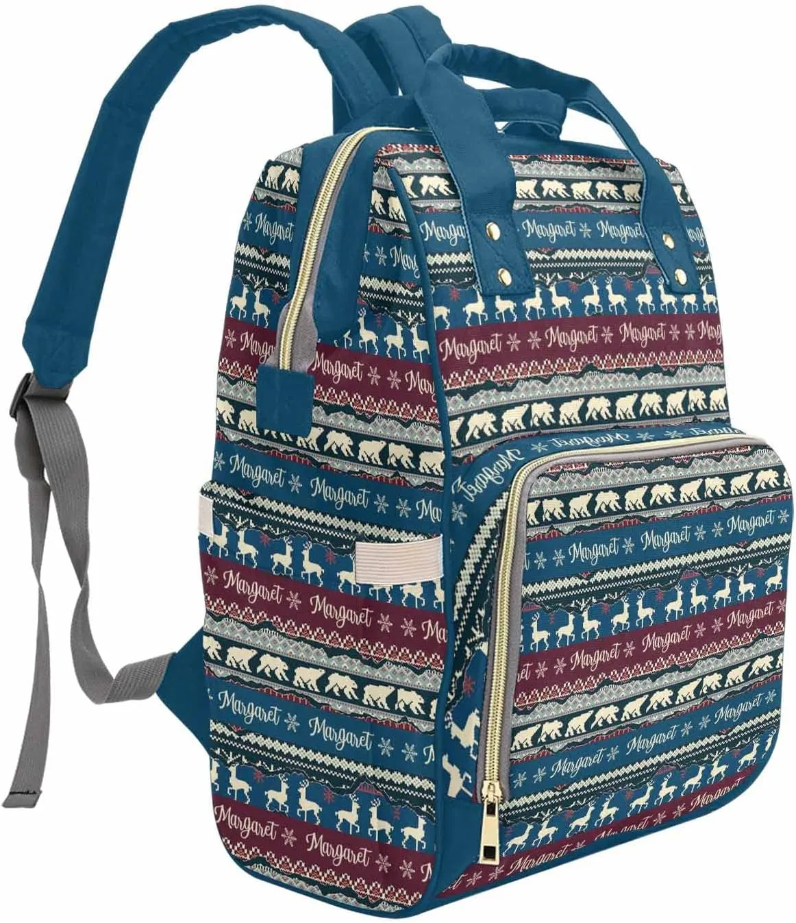 M YESCUSTOM Funny Custom Name Bag, Customized Double Color Stripes with Deer & Bear Multifunction Mommy Diaper Bag, Large Capacity Organizer Backpack for Travel, Christmas Style Nappy Bags