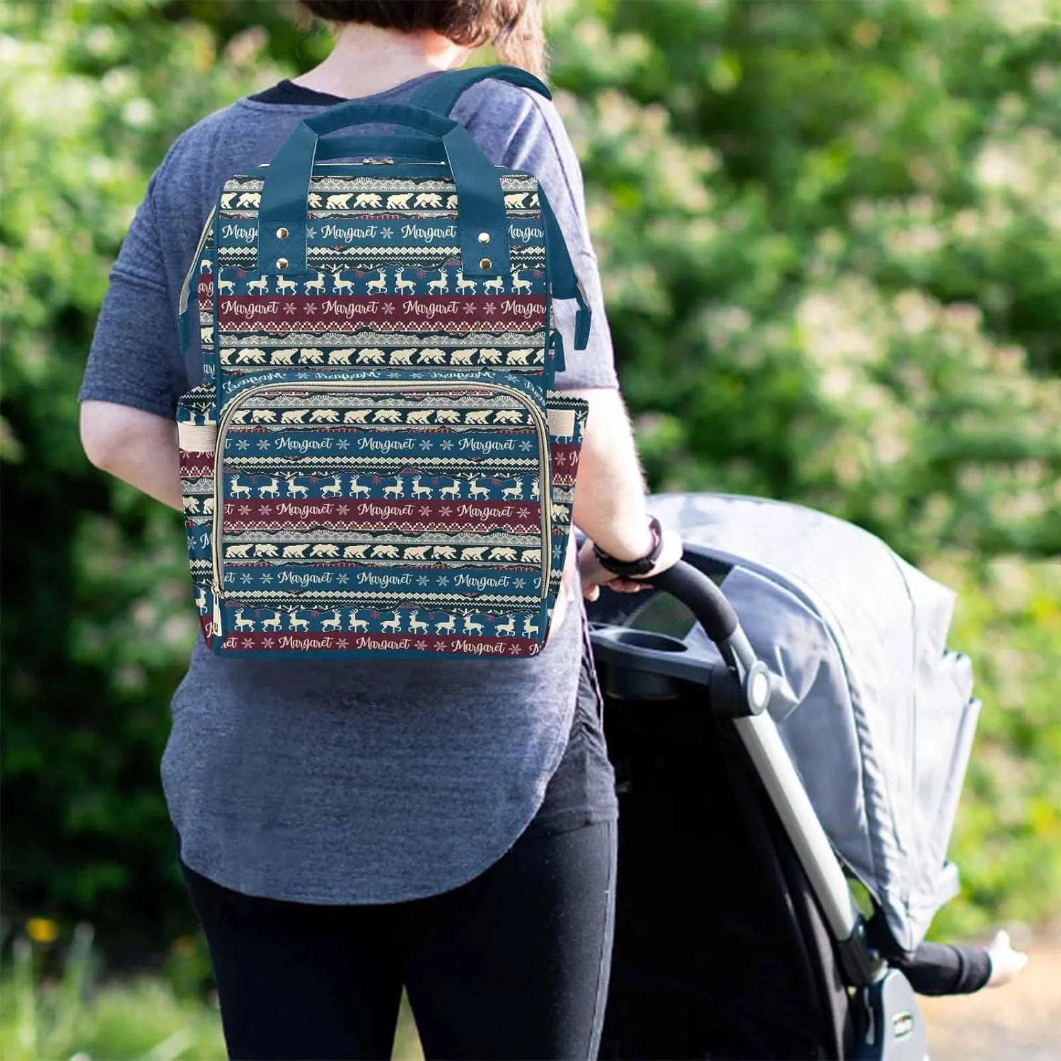 M YESCUSTOM Funny Custom Name Bag, Customized Double Color Stripes with Deer & Bear Multifunction Mommy Diaper Bag, Large Capacity Organizer Backpack for Travel, Christmas Style Nappy Bags