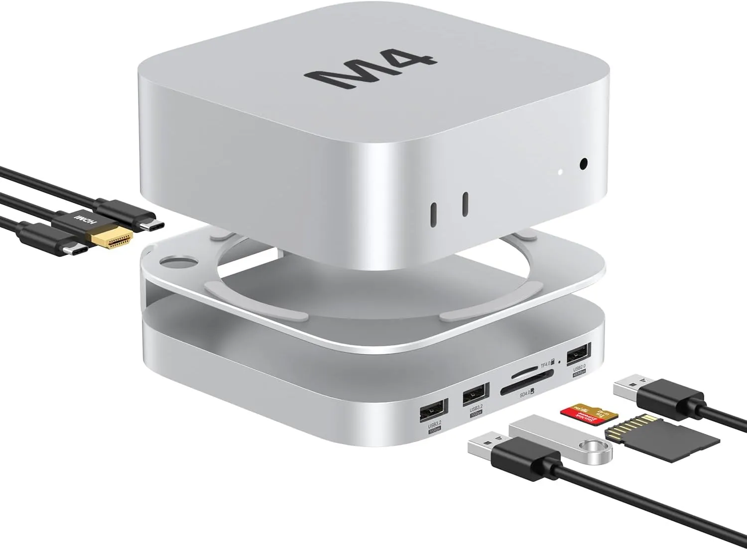 Mac Mini Hub: 10 in 1 Aluminum Stand & Dock for Mac Mini M4 Pro with M.2 NVMe SSD Enclosure, 4K60hz HDMI, 10Gbps USB-A*2, SD/TF Card Readers, USB 2.0