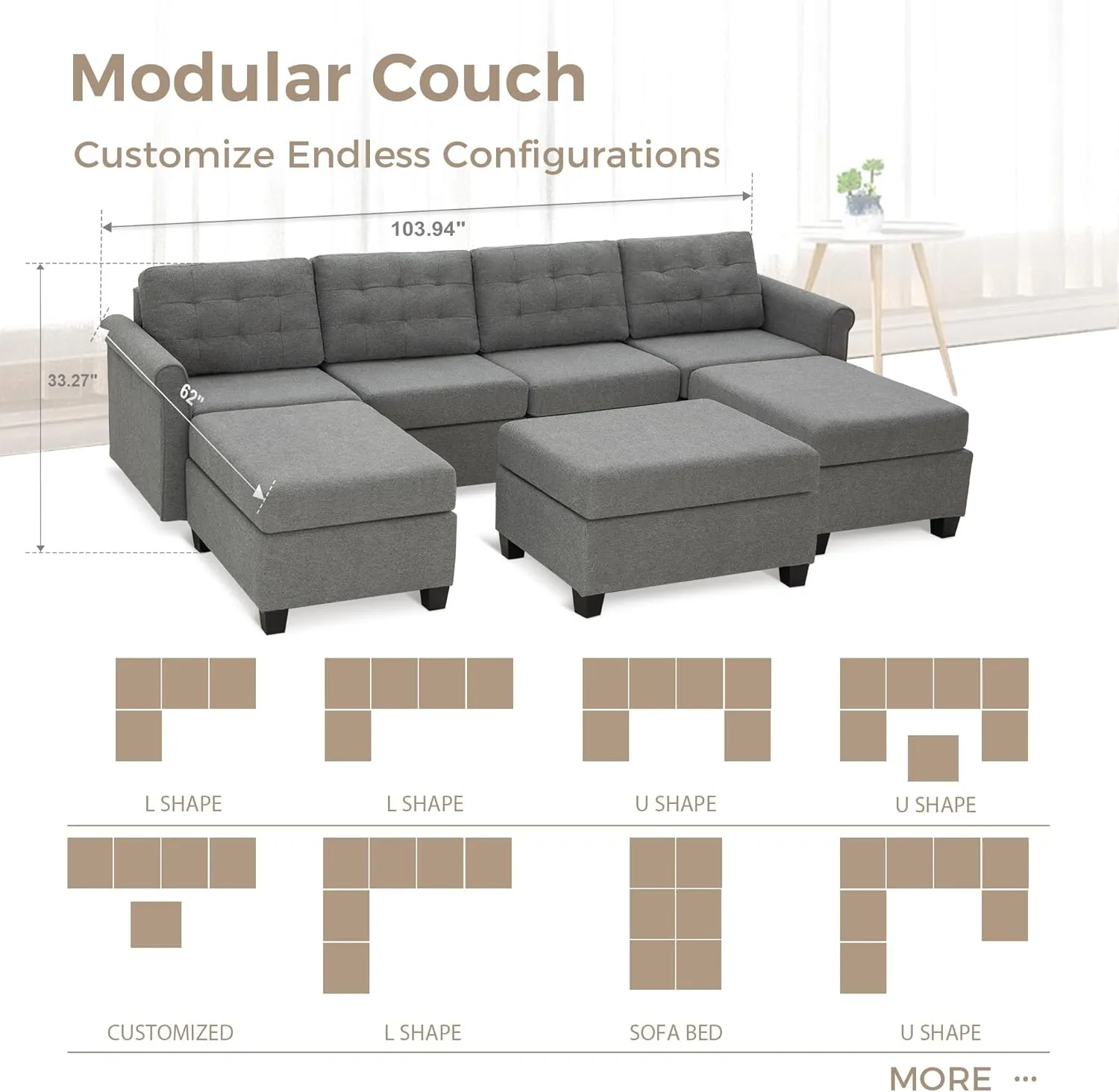 MAISON ARTS Modular Sofa Sectional Convertible 3 Seater L Shaped Couch with 1 Movable Ottomans & Washable Linen Fabric, Comfy Sleeper Sofa Bed for Small Spaces, Living Room, Office, Dark Gray