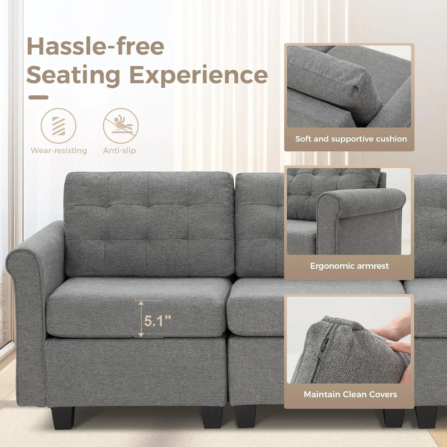 MAISON ARTS Modular Sofa Sectional Convertible 3 Seater L Shaped Couch with 1 Movable Ottomans & Washable Linen Fabric, Comfy Sleeper Sofa Bed for Small Spaces, Living Room, Office, Dark Gray