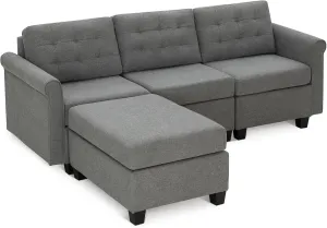 MAISON ARTS Modular Sofa Sectional Convertible 3 Seater L Shaped Couch with 1 Movable Ottomans & Washable Linen Fabric, Comfy Sleeper Sofa Bed for Small Spaces, Living Room, Office, Dark Gray