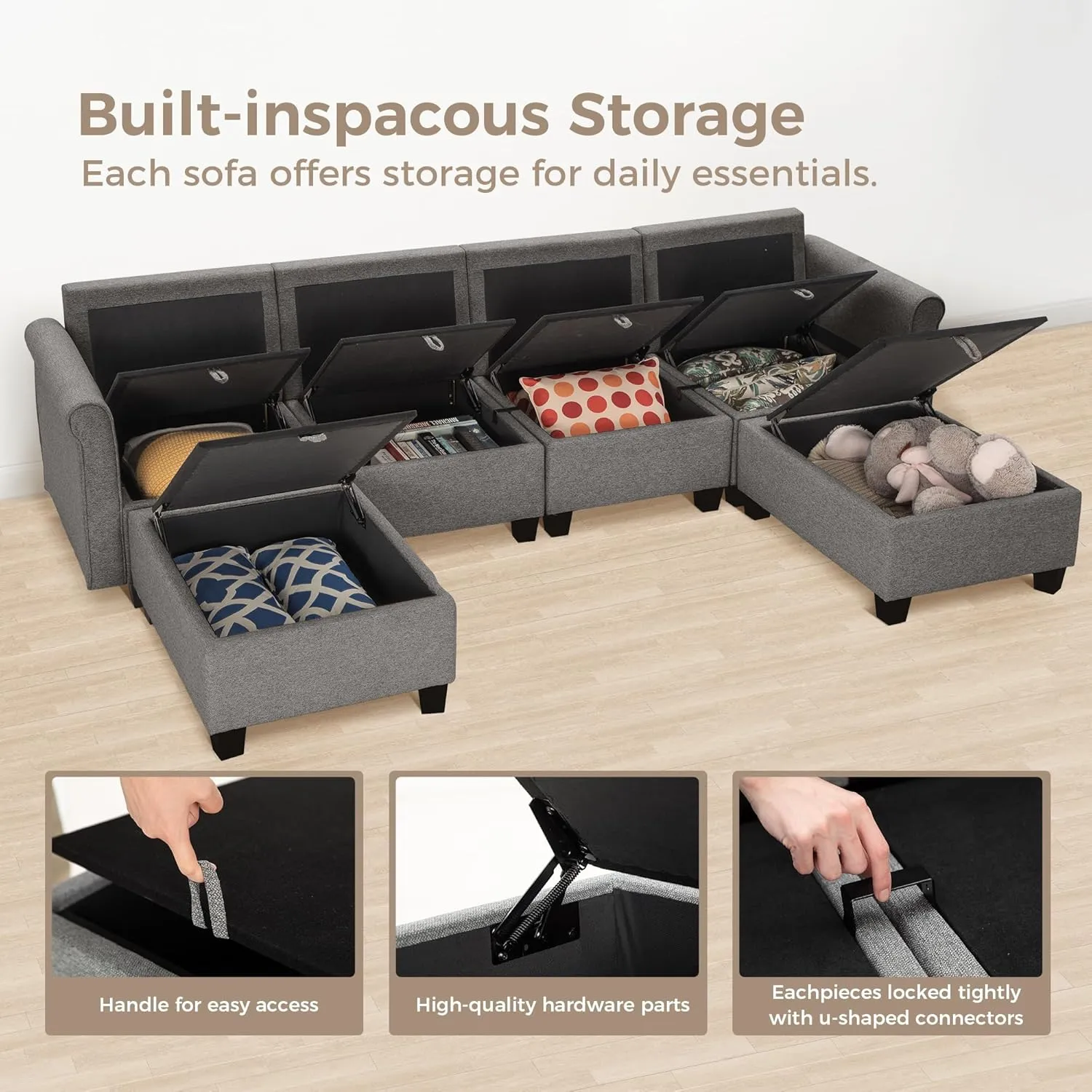 MAISON ARTS Modular Sofa Sectional Convertible 3 Seater L Shaped Couch with 1 Movable Ottomans & Washable Linen Fabric, Comfy Sleeper Sofa Bed for Small Spaces, Living Room, Office, Dark Gray