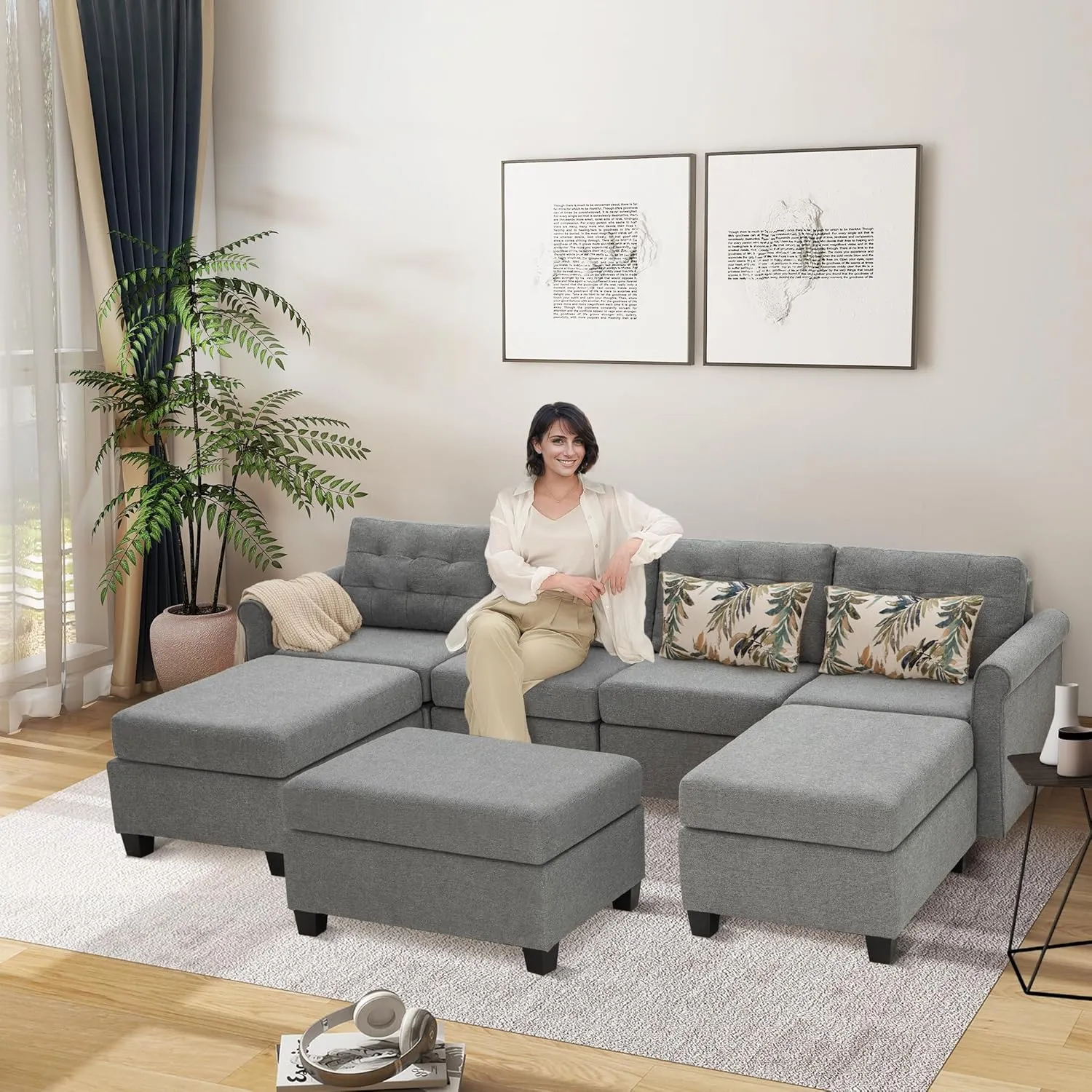 MAISON ARTS Modular Sofa Sectional Convertible 3 Seater L Shaped Couch with 1 Movable Ottomans & Washable Linen Fabric, Comfy Sleeper Sofa Bed for Small Spaces, Living Room, Office, Dark Gray