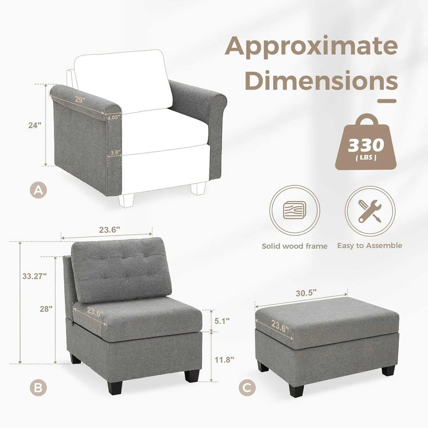MAISON ARTS Modular Sofa Sectional Convertible 3 Seater L Shaped Couch with 1 Movable Ottomans & Washable Linen Fabric, Comfy Sleeper Sofa Bed for Small Spaces, Living Room, Office, Dark Gray