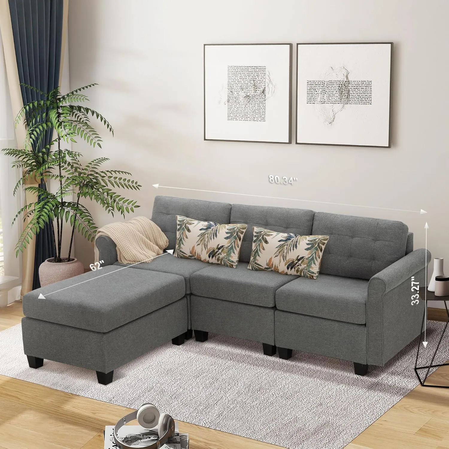 MAISON ARTS Modular Sofa Sectional Convertible 3 Seater L Shaped Couch with 1 Movable Ottomans & Washable Linen Fabric, Comfy Sleeper Sofa Bed for Small Spaces, Living Room, Office, Dark Gray