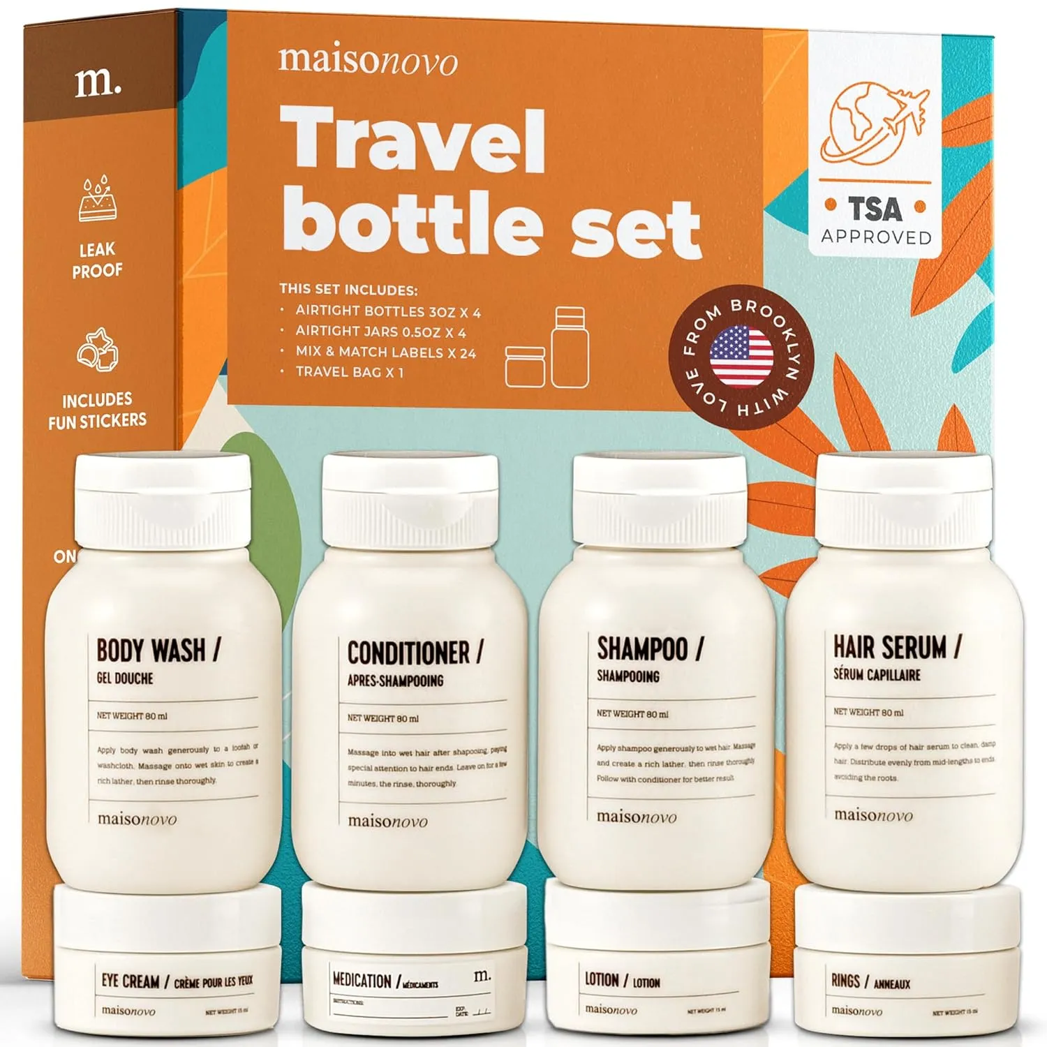 MAISONOVO Travel Bottles for Toiletries, TSA Approved, Leak Proof Refillable, Travel Size Containers and Bottles with Water Proof Toiletry Bag