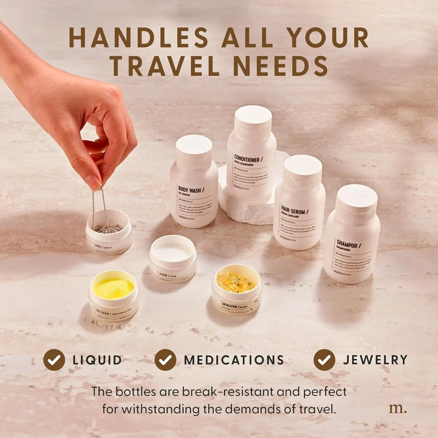 MAISONOVO Travel Bottles for Toiletries, TSA Approved, Leak Proof Refillable, Travel Size Containers and Bottles with Water Proof Toiletry Bag