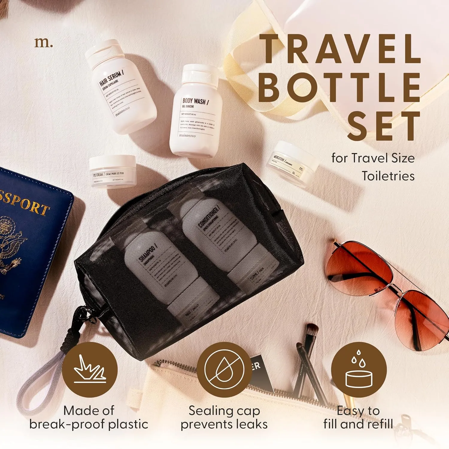 MAISONOVO Travel Bottles for Toiletries, TSA Approved, Leak Proof Refillable, Travel Size Containers and Bottles with Water Proof Toiletry Bag
