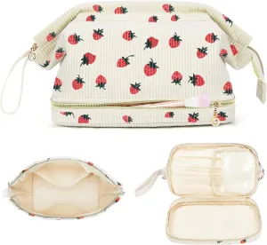 Makeup Bag for Women, Large Make Up Bag Corduroy Cosmetic Bag for Girls, Make up Travel Bag Essentials, Strawbery Cute Travel Toiletry Bag for Women Travel Size Toiletries Bag for Women