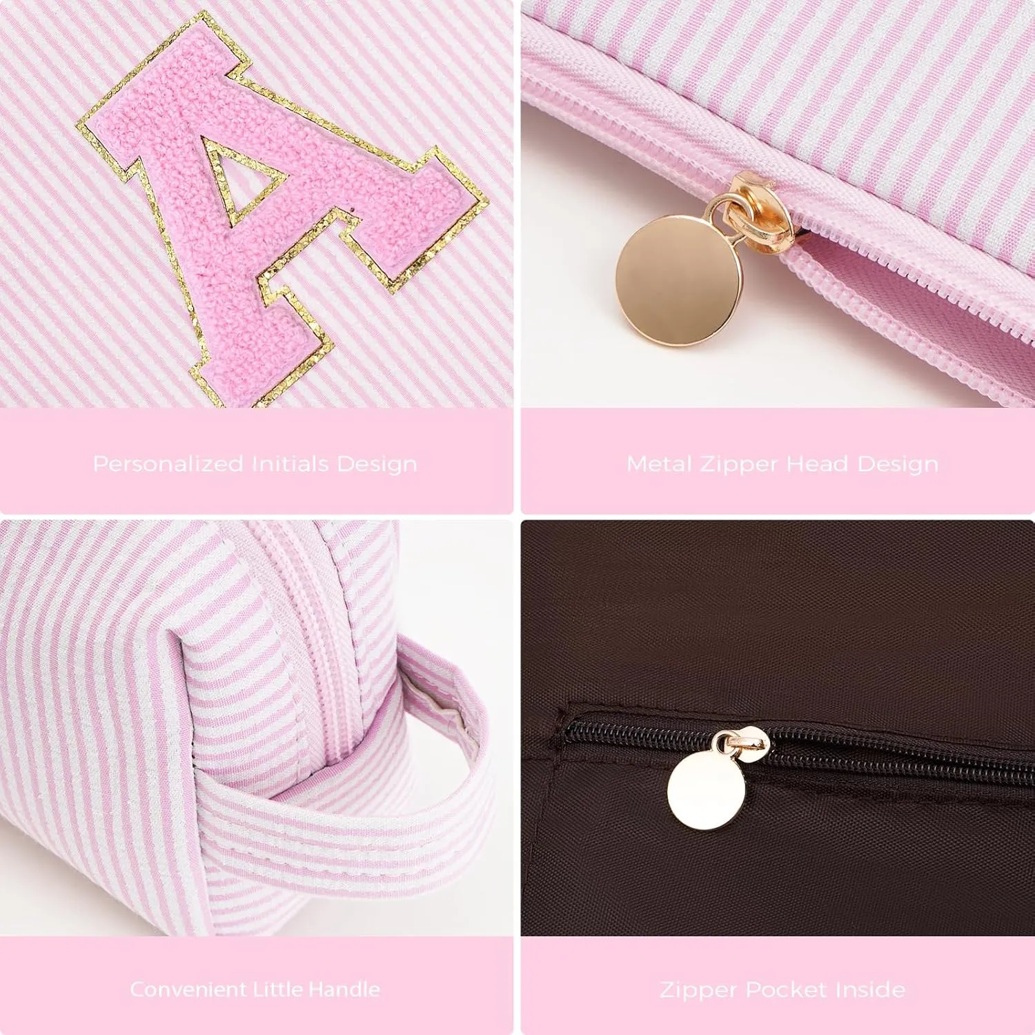 Makeup Bag Set Initials Cosmetic Bag,Birthday Gifts for 10 11 12 13 14 15 16 17 18 Years Old Girl Girlfriend Teen Girls Gift Trendy Stuff Personalized Toiletry Bag Travel - Pink,A