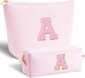 Makeup Bag Set Initials Cosmetic Bag,Birthday Gifts for 10 11 12 13 14 15 16 17 18 Years Old Girl Girlfriend Teen Girls Gift Trendy Stuff Personalized Toiletry Bag Travel - Pink,A