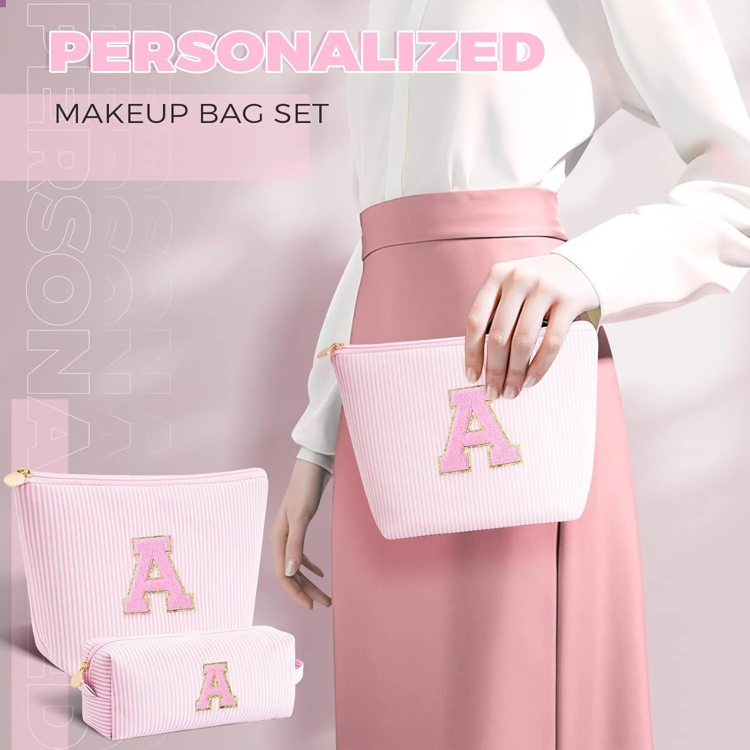 Makeup Bag Set Initials Cosmetic Bag,Birthday Gifts for 10 11 12 13 14 15 16 17 18 Years Old Girl Girlfriend Teen Girls Gift Trendy Stuff Personalized Toiletry Bag Travel - Pink,A