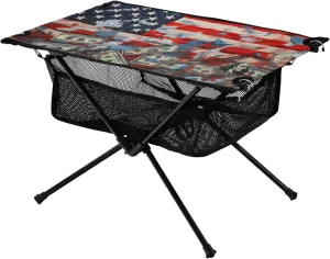 MCHIVER Portable Camping Table Folding Beach Table with Carry Bag Watercolor American Flag Dollar Portable Craft Table for Outdoor Hiking Backpacking Picnic