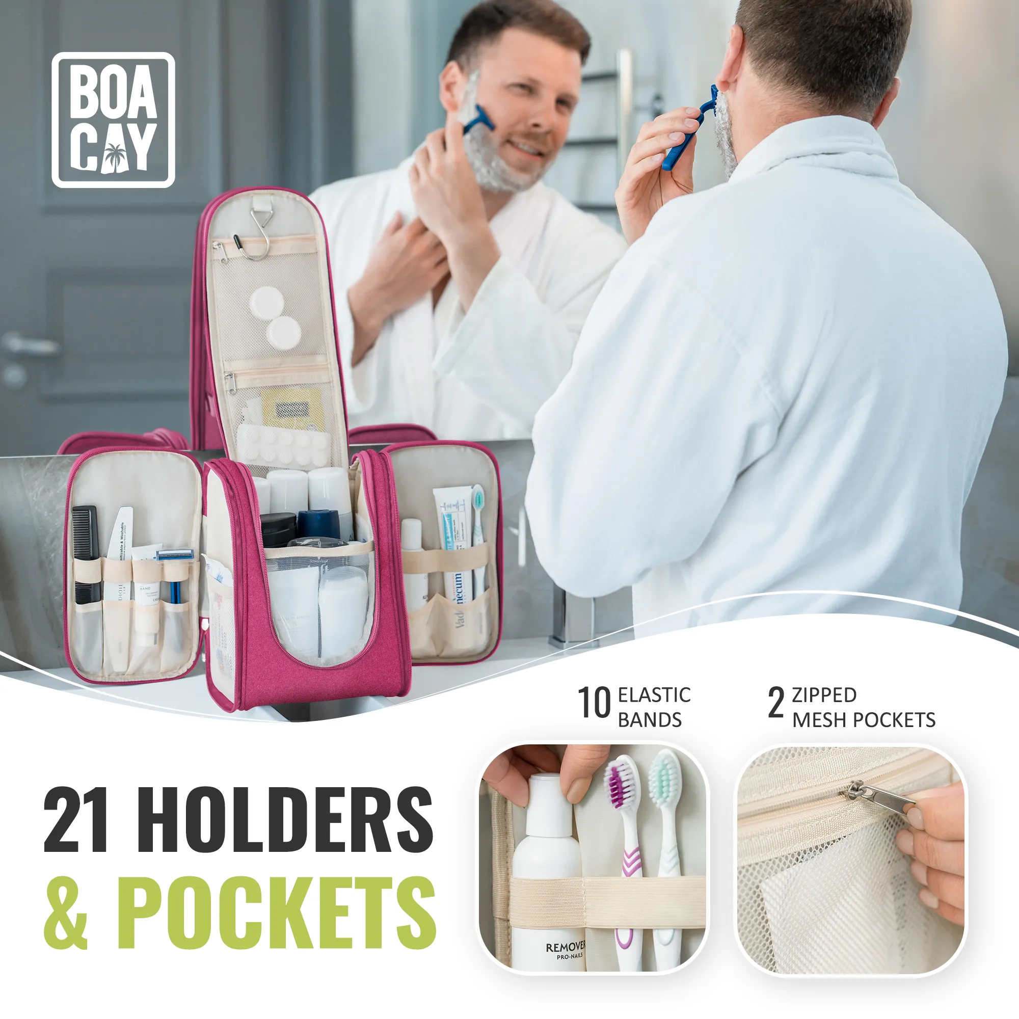 Medium Collapsible Hanging Toiletry Bag - Cerise Pink
