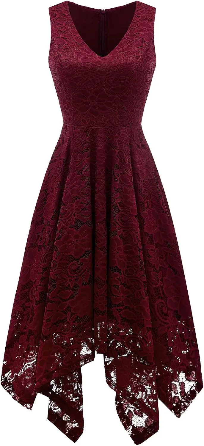 Meetjen Women's Lace Cocktail Party Dress 2025 Handkerchief Hem Bridesmaid Prom Formal Dresses for Wedding Guest