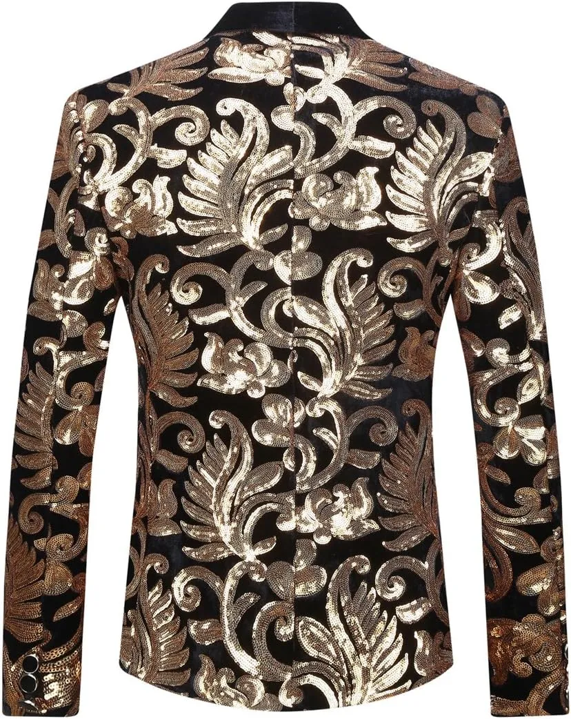 Men Fashion Velvet Sequins Floral Pattern Suit Jacket Blazer