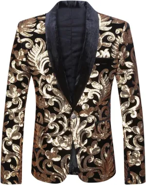 Men Fashion Velvet Sequins Floral Pattern Suit Jacket Blazer
