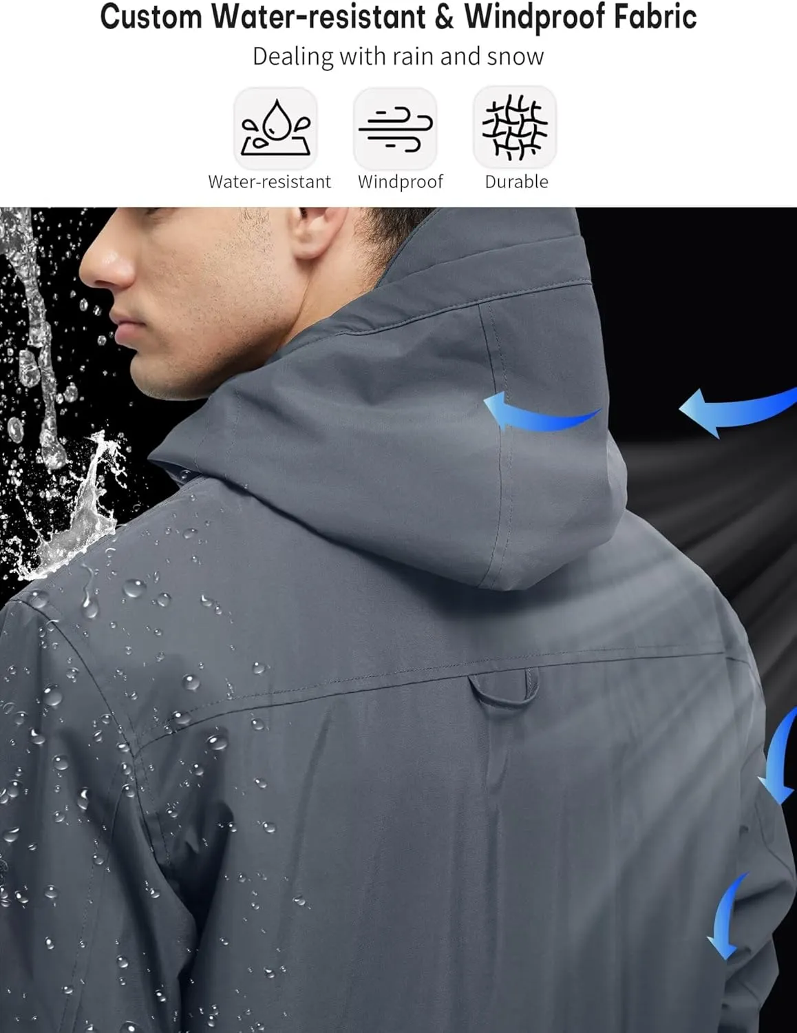 Men's 3 in 1 Waterproof Winter Ski Jackets Warm Windbreaker Snow Rain Coat Thermal Fleece Liner Hood