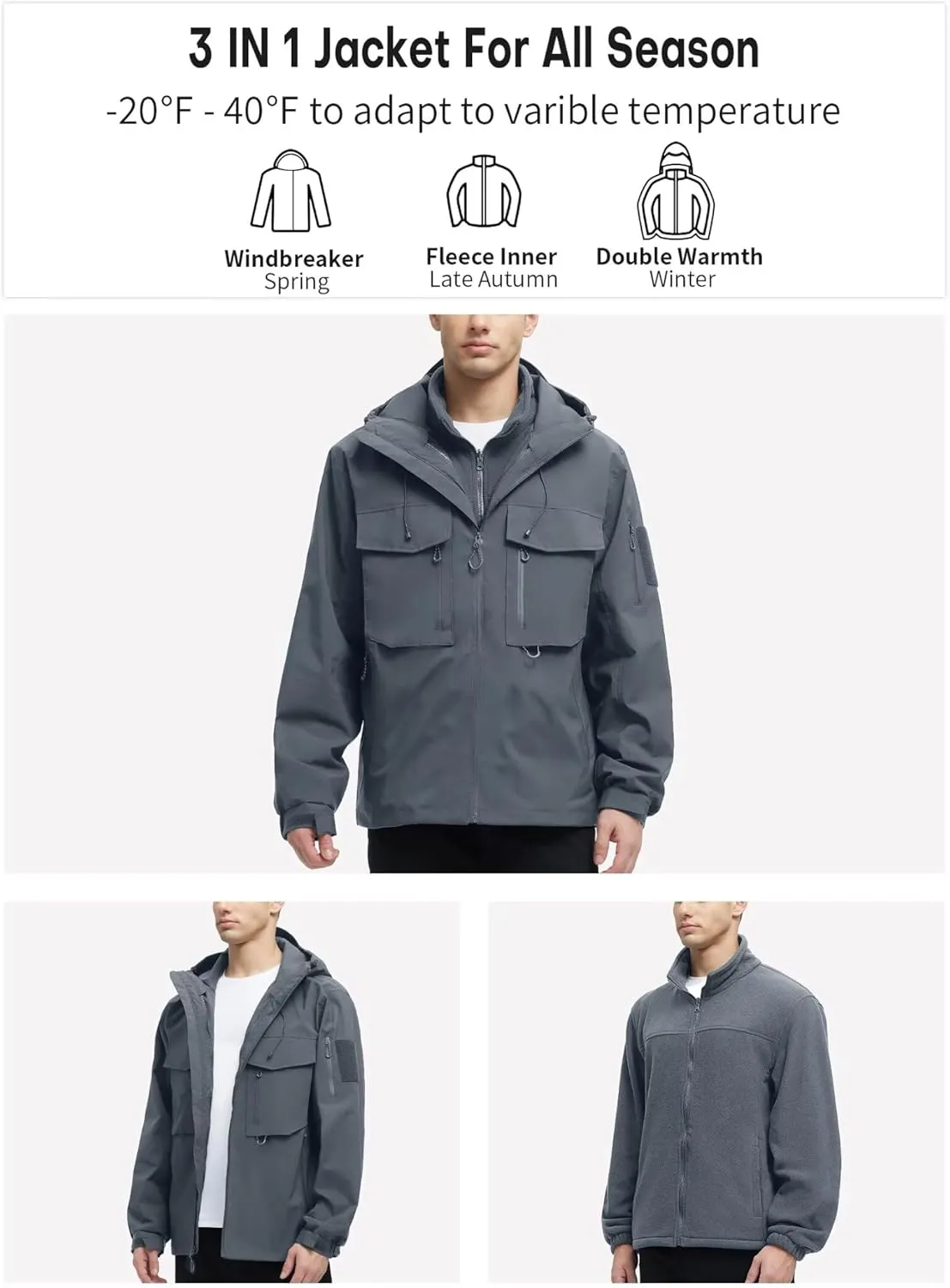 Men's 3 in 1 Waterproof Winter Ski Jackets Warm Windbreaker Snow Rain Coat Thermal Fleece Liner Hood