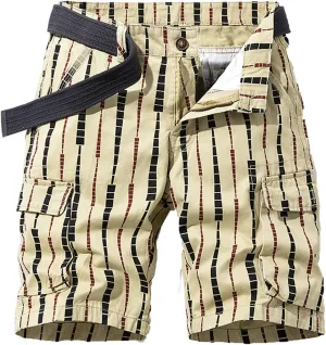 Men's Athletic Shorts Classic Fit Cotton Striped Multi Pockets Cargo Shorts Fashion Outdoor Buckle Zipper Shorts