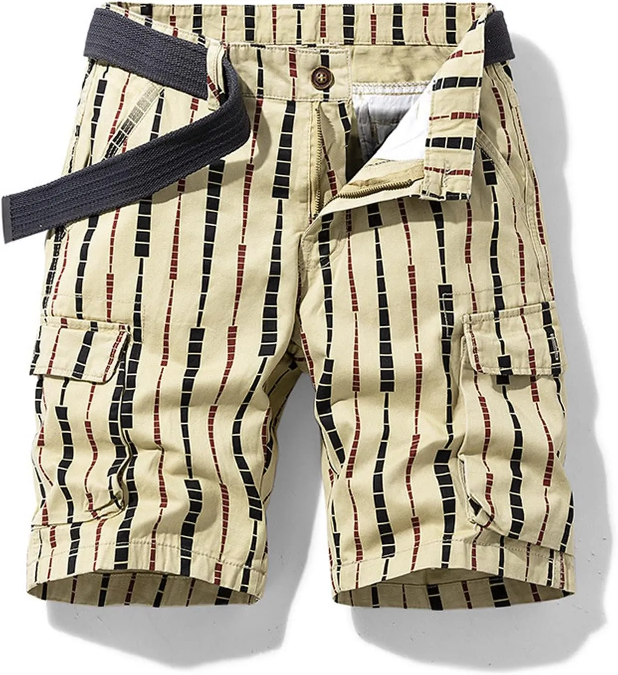 Men's Athletic Shorts Classic Fit Cotton Striped Multi Pockets Cargo Shorts Fashion Outdoor Buckle Zipper Shorts