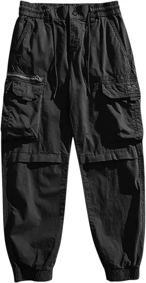 Mens Cargo Pants Drawstring Elastic Waist Work Joggers for Men Outdoor Camping Travel Trousers with Pocket