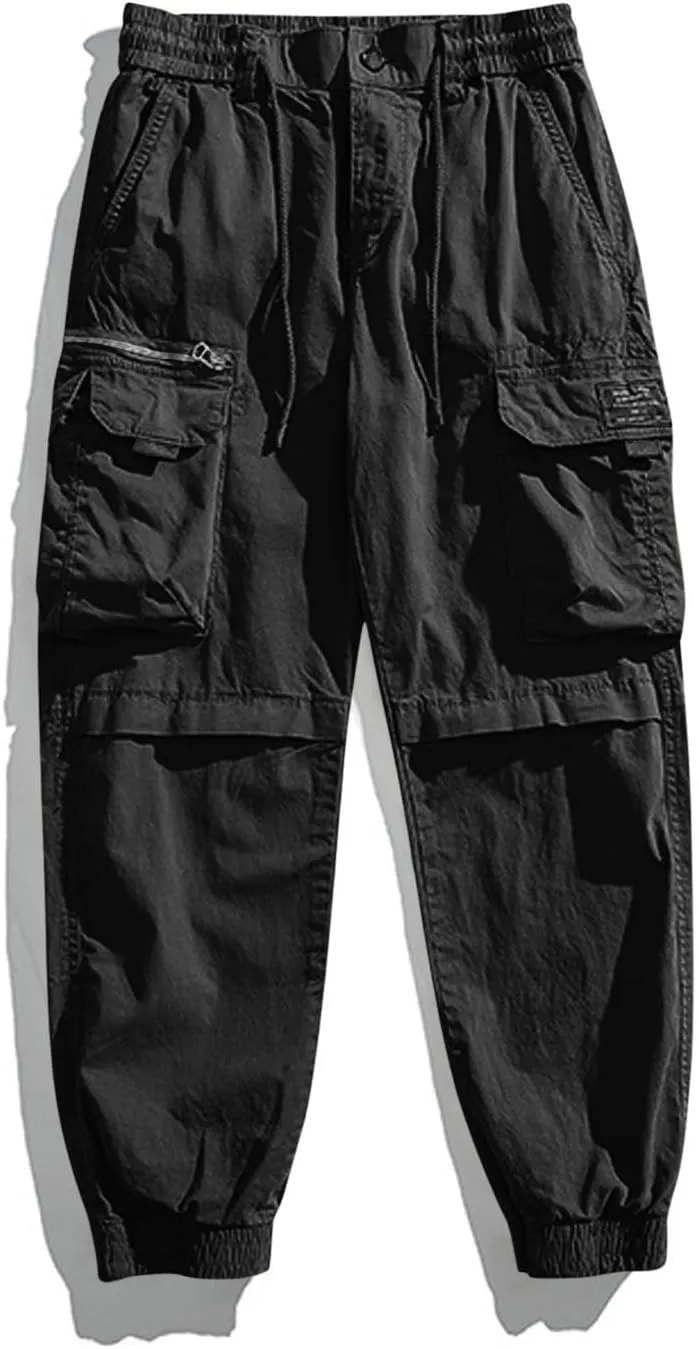 Mens Cargo Pants Drawstring Elastic Waist Work Joggers for Men Outdoor Camping Travel Trousers with Pocket
