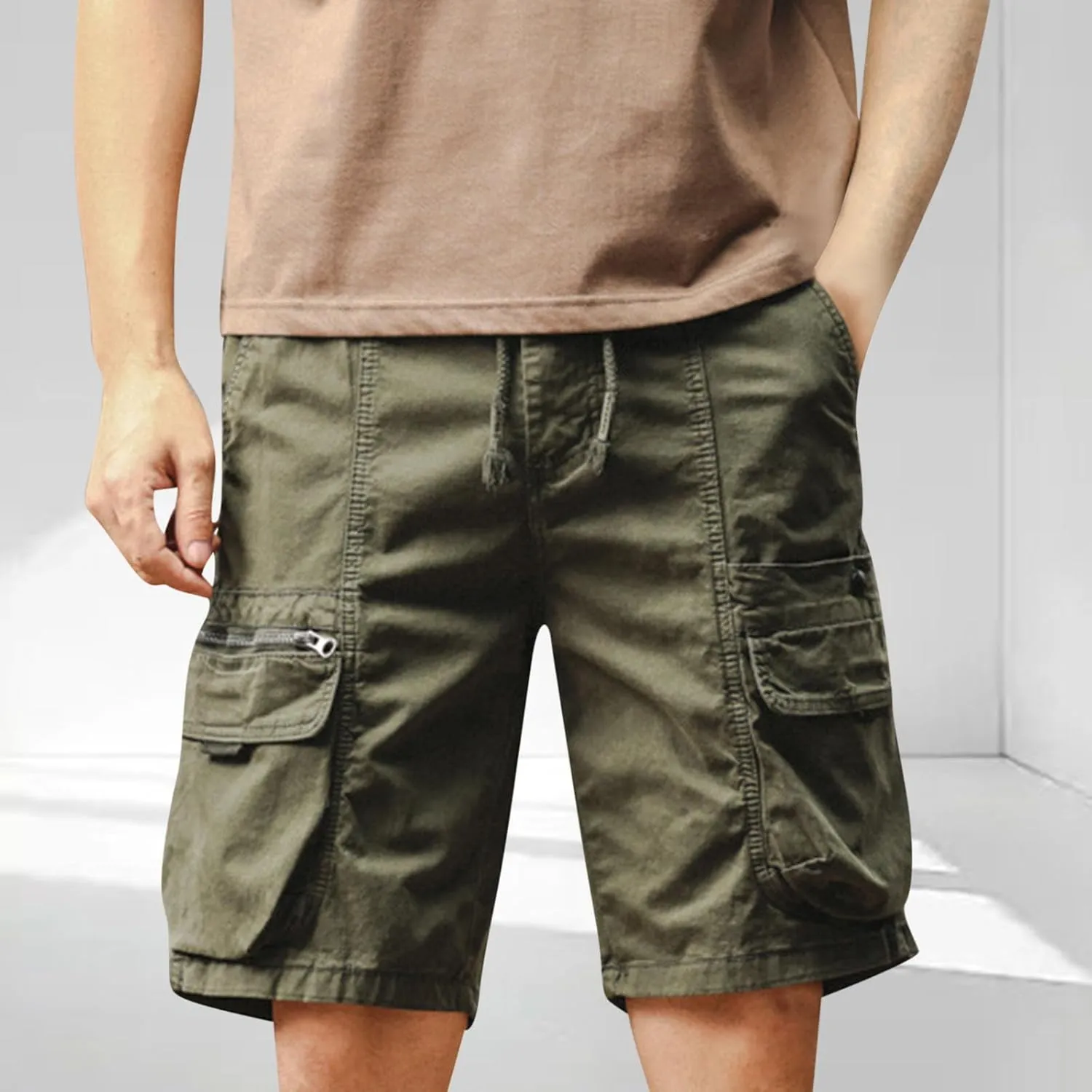 Mens Classic-Fit Cargo Shorts for Hiking Climbing Cotton Elastic Waist Multi-Pocket Summer Workout Gym Camping Shorts