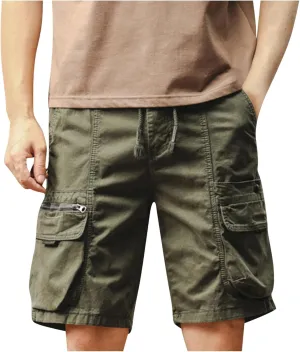 Mens Classic-Fit Cargo Shorts for Hiking Climbing Cotton Elastic Waist Multi-Pocket Summer Workout Gym Camping Shorts