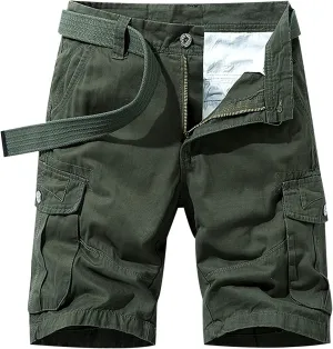 Mens Summer Shorts Waistband Buckle Zipper Multi Pockets Cargo Shorts Casual Cotton Solid Tooling Shorts Outdoor
