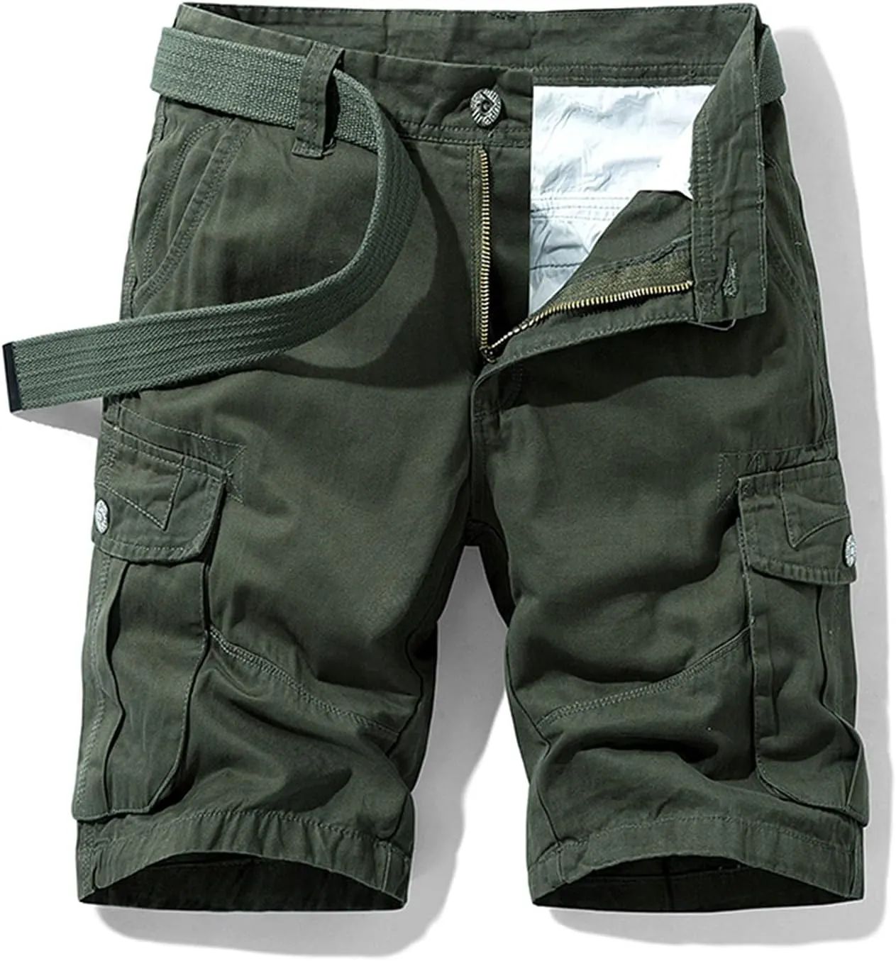 Mens Summer Shorts Waistband Buckle Zipper Multi Pockets Cargo Shorts Casual Cotton Solid Tooling Shorts Outdoor