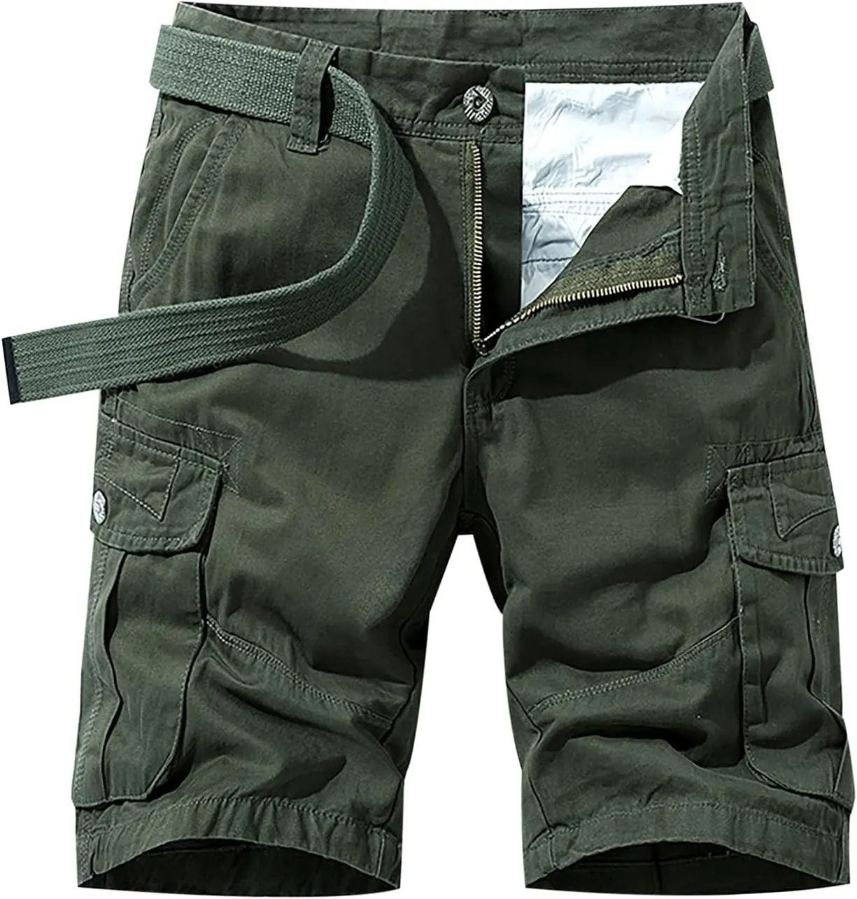 Mens Summer Shorts Waistband Buckle Zipper Multi Pockets Cargo Shorts Casual Cotton Solid Tooling Shorts Outdoor
