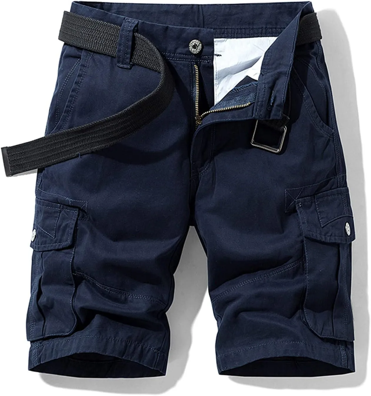 Mens Summer Shorts Waistband Buckle Zipper Multi Pockets Cargo Shorts Casual Cotton Solid Tooling Shorts Outdoor