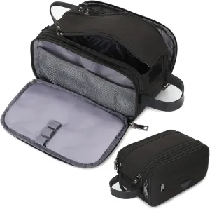 Mens Toiletry Bag Travel Leather Toiletry Organizer Dopp Kit for Men Water-resistant Shaving Bag for Bathroom (Black)