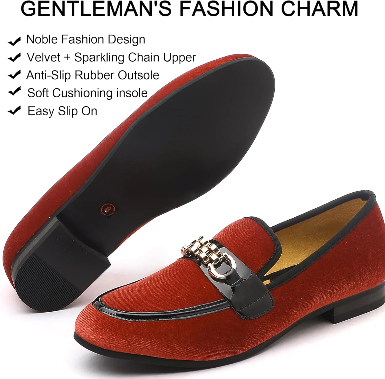 Men's Velvet Loafers,Mens Dress Shoes with Gold Chain, Slip On Flats Smoking Slippers Penny Shoes for Men