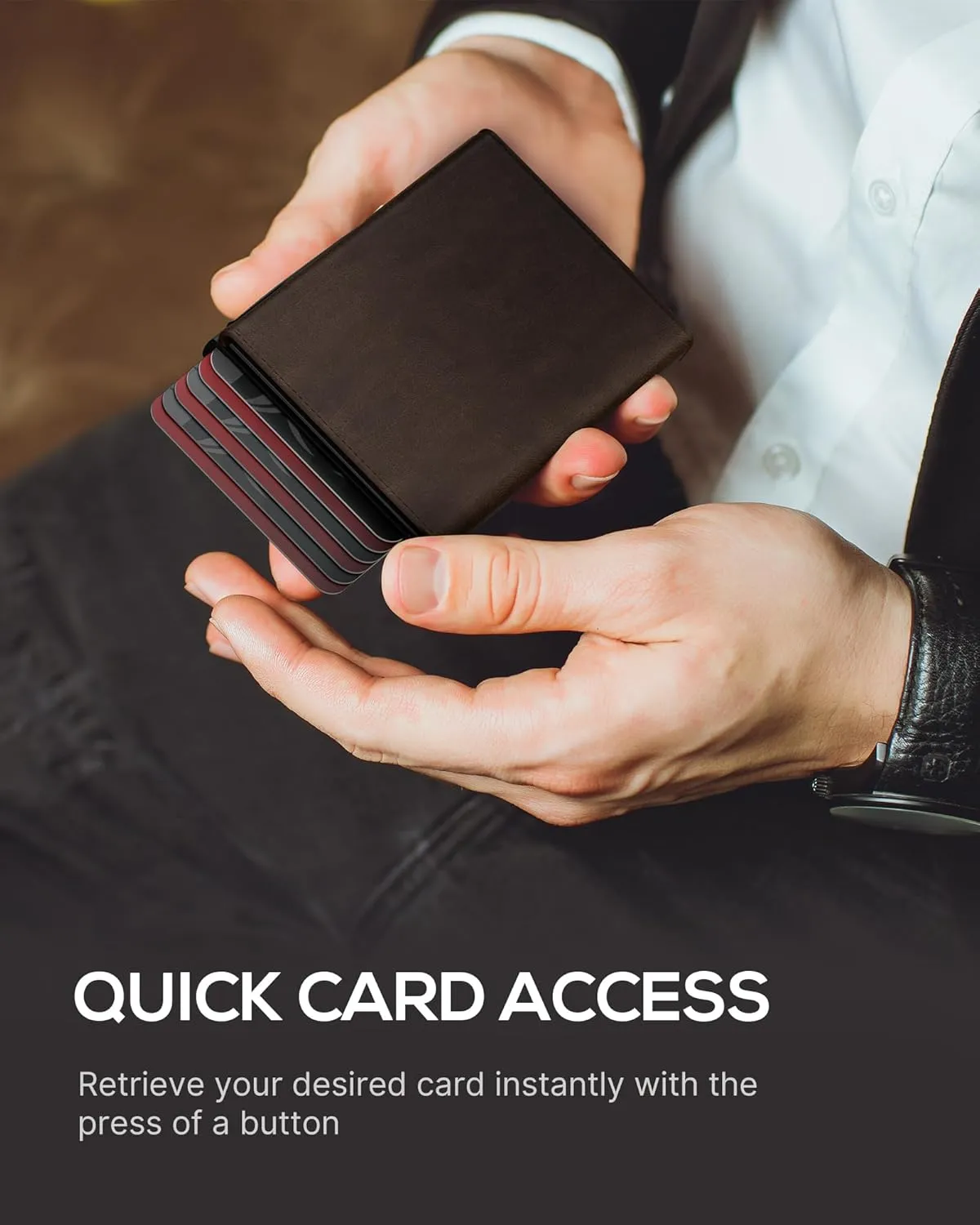 Mens Wallet Card Holder - Smart Wallet for Men, Pop Up Card Case, Top Grain Leather, RFID Blocking, Slim, Minimalist, Ultra-Thin, Front Pocket, 12 Card Capacity | ID Window | Cash Slot (Brown)