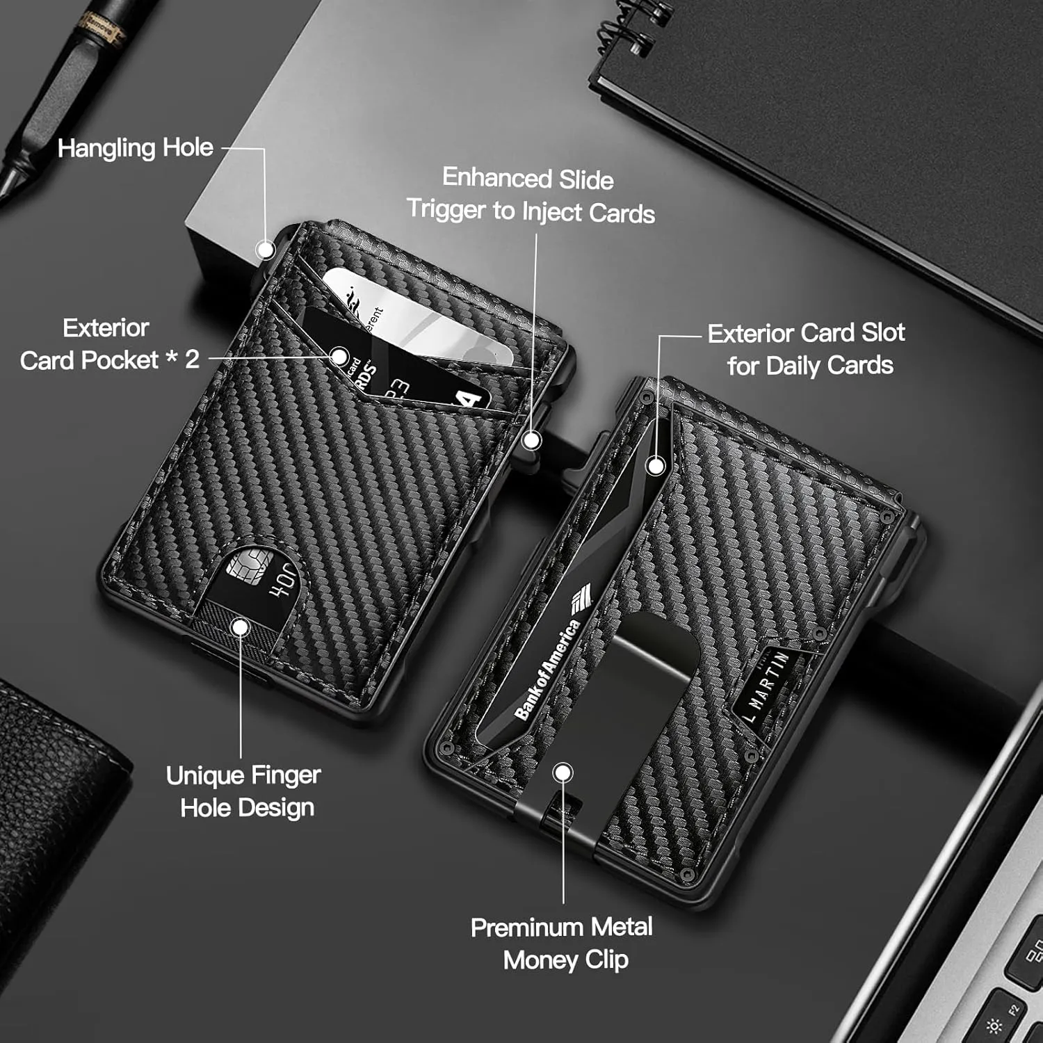 Mens Wallet, Slim Wallet for Men with Money Clip, RFID Blocking Bifold Wallets, Minimalist Leather Wallet Credit Card Holder with ID Window, Gift Box (Carbon Fiber Black)