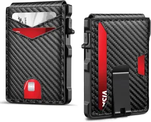 Mens Wallet, Slim Wallet for Men with Money Clip, RFID Blocking Bifold Wallets, Minimalist Leather Wallet Credit Card Holder with ID Window, Gift Box (Carbon Fiber Black)