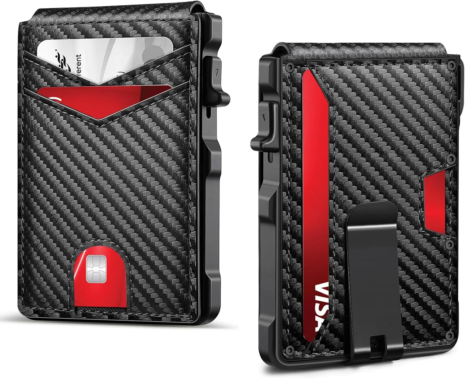 Mens Wallet, Slim Wallet for Men with Money Clip, RFID Blocking Bifold Wallets, Minimalist Leather Wallet Credit Card Holder with ID Window, Gift Box (Carbon Fiber Black)