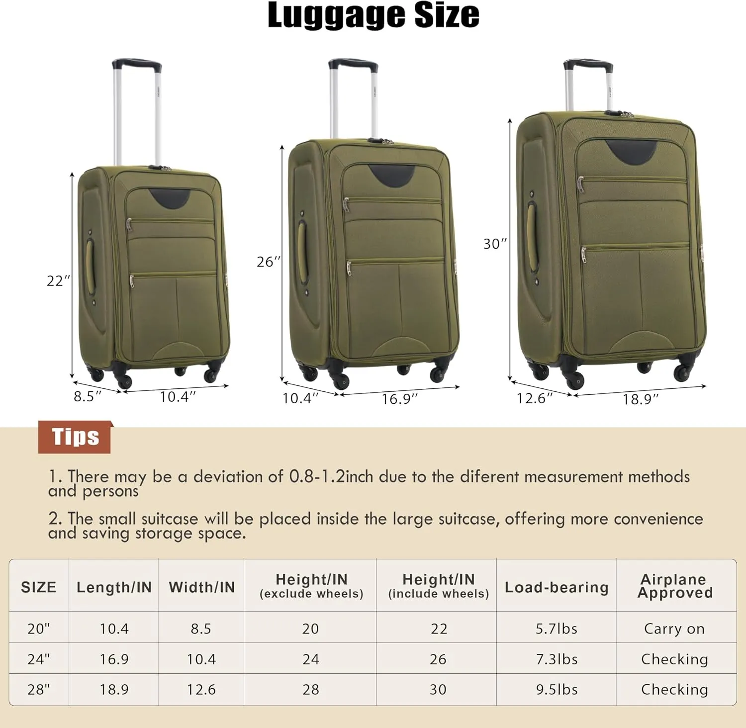 Merax Suitcase Set Softside 3-Piece Expandable Luggage with TSA Lock Spinner Wheels Lightweight Upright Luggage with Travel Bag(22/26/30 IN,Army Green)