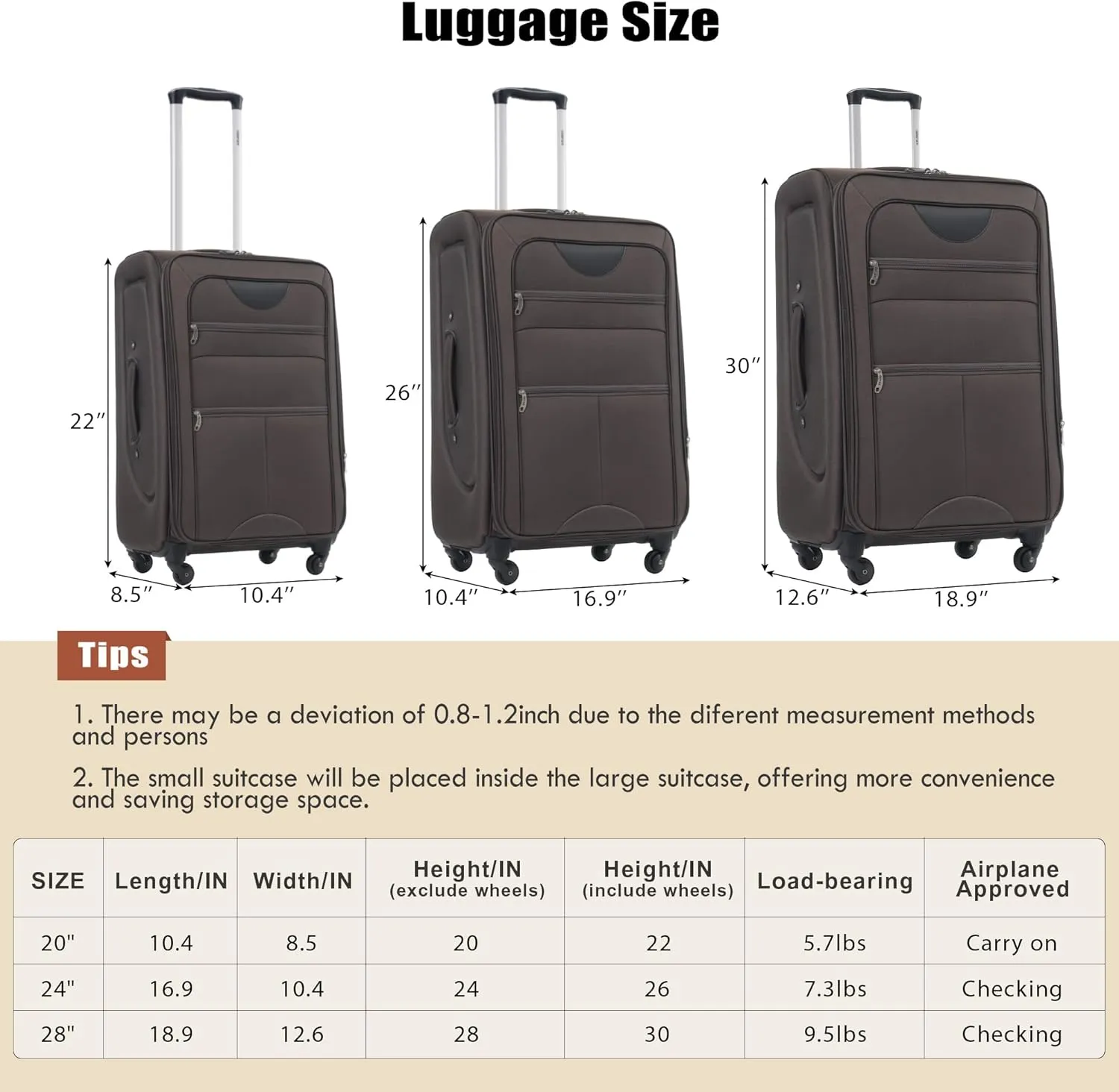 Merax Suitcase Set Softside 3-Piece Expandable Luggage with TSA Lock Spinner Wheels Lightweight Upright Luggage with Travel Bag(22/26/30 IN,Brown)