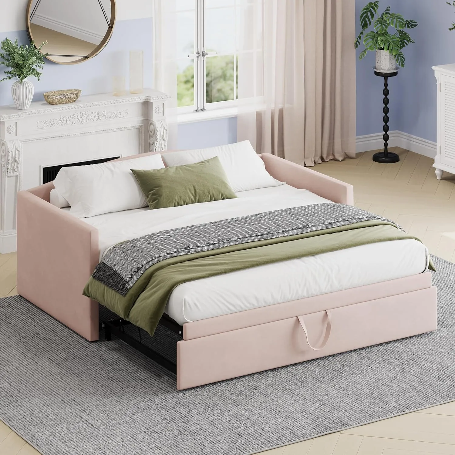 Merax Twin Size Velvet Daybed with Extended Pop Up Trundle, Upholstered Sofa Bed Daybed, Space-Saving Twin to King Design for Guest Room, Pink